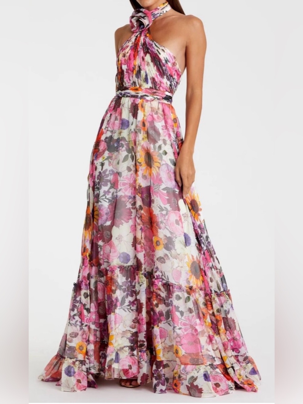 Mac Duggal Multi Floral Halter Maxi Gown